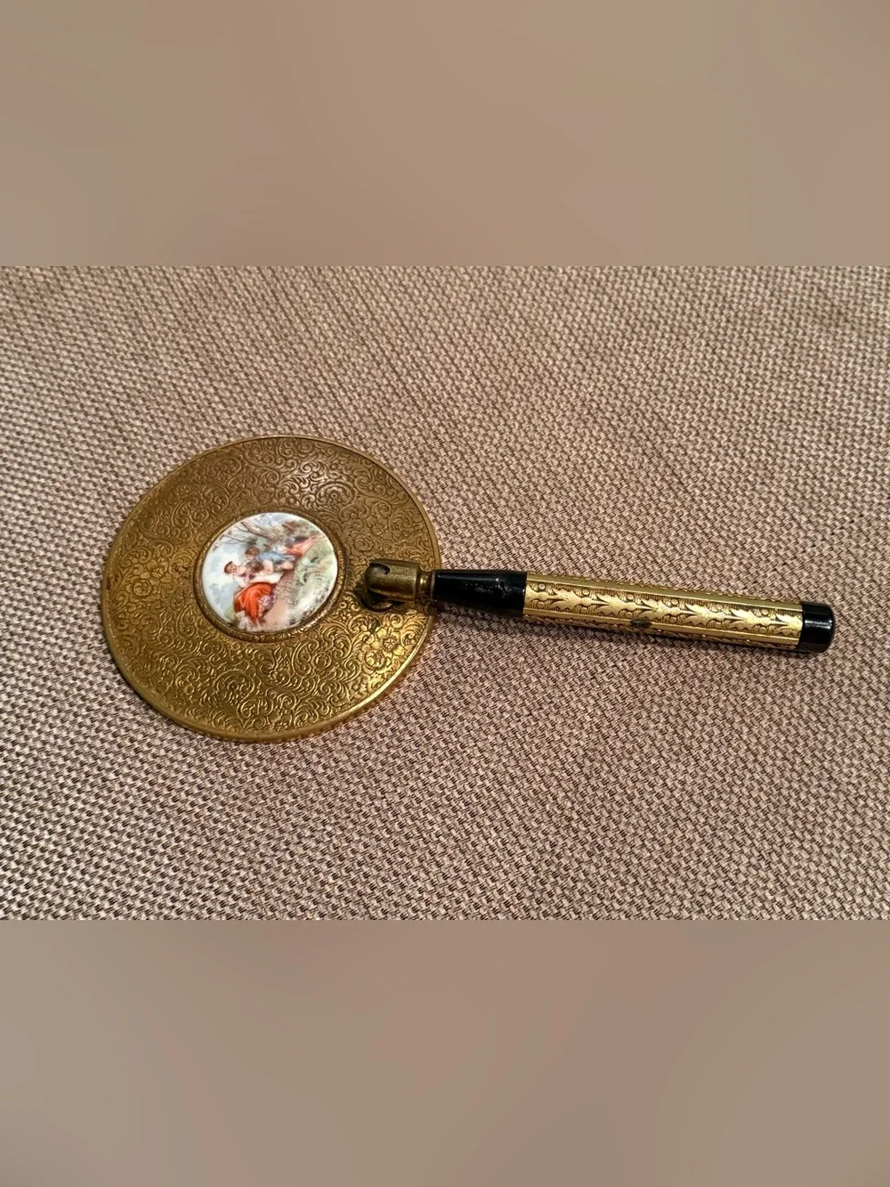 Vtg Womens Brass Handheld Mirror w painted courting scene